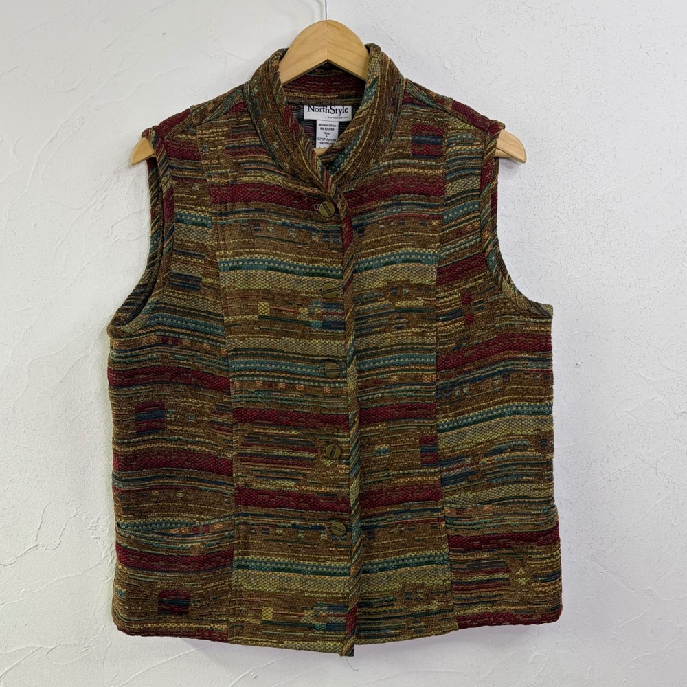 Vintage NorthStyle Tapestry Vest Waistcoat Womens Large Brown Earthy Goblin Boho